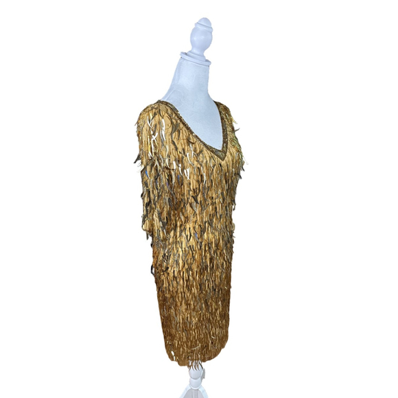 Women's Vintage Maison Magique Gold Sequin Fringe Dress Size S - Picture 2 of 11